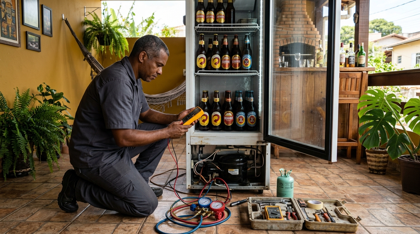 Placa eletrônica de cervejeira em reparo na bancada em Jundiaí‑SP