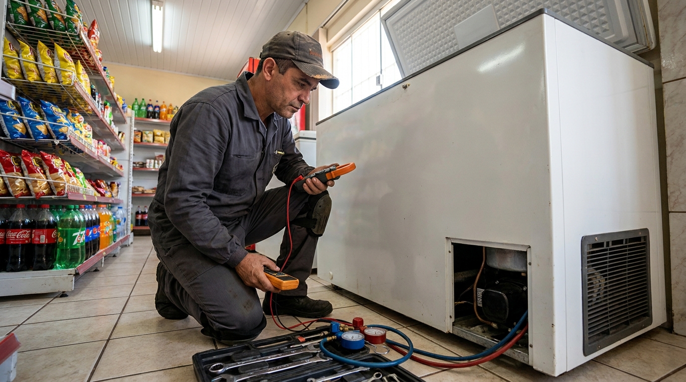 Reparo da placa eletrônica de um freezer em atendimento em Jundiaí‑SP