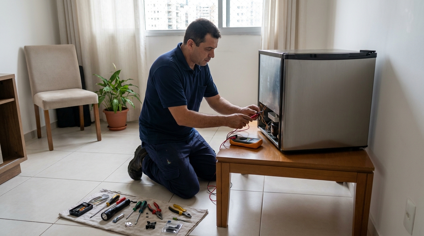 Técnico revisando o motor de um frigobar em Jundiaí‑SP