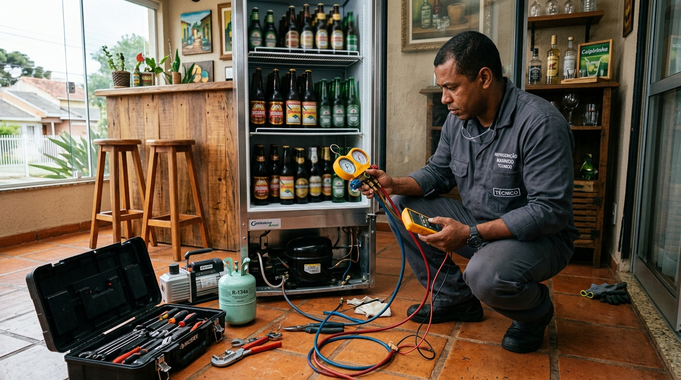 Técnico conferindo a temperatura de uma cervejeira durante atendimento em Jundiaí‑SP
