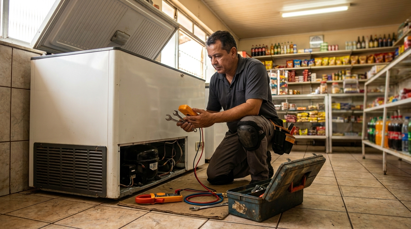 Técnico avaliando um freezer vertical durante atendimento em Jundiaí‑SP
